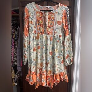 Umgee Floral Orange and Cream Boho Tunic Dress